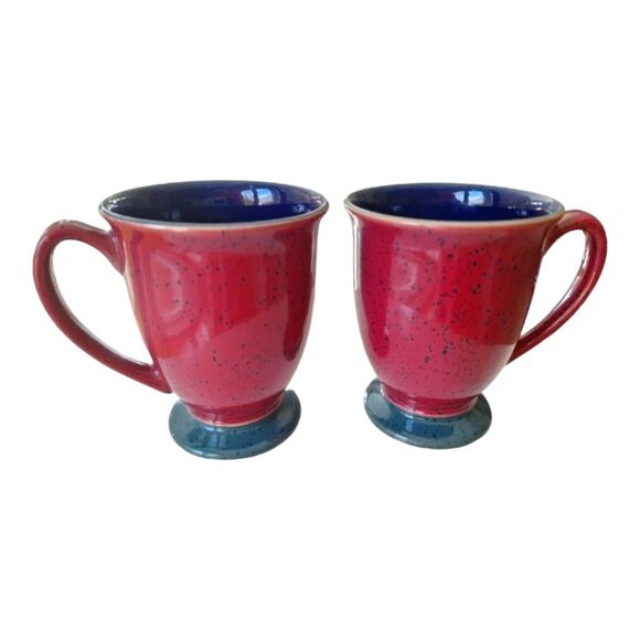 Denby England Harlequin 2 Footed Mugs Red Blue Green Stoneware Dishwasher Safe - Picture 1 of 4